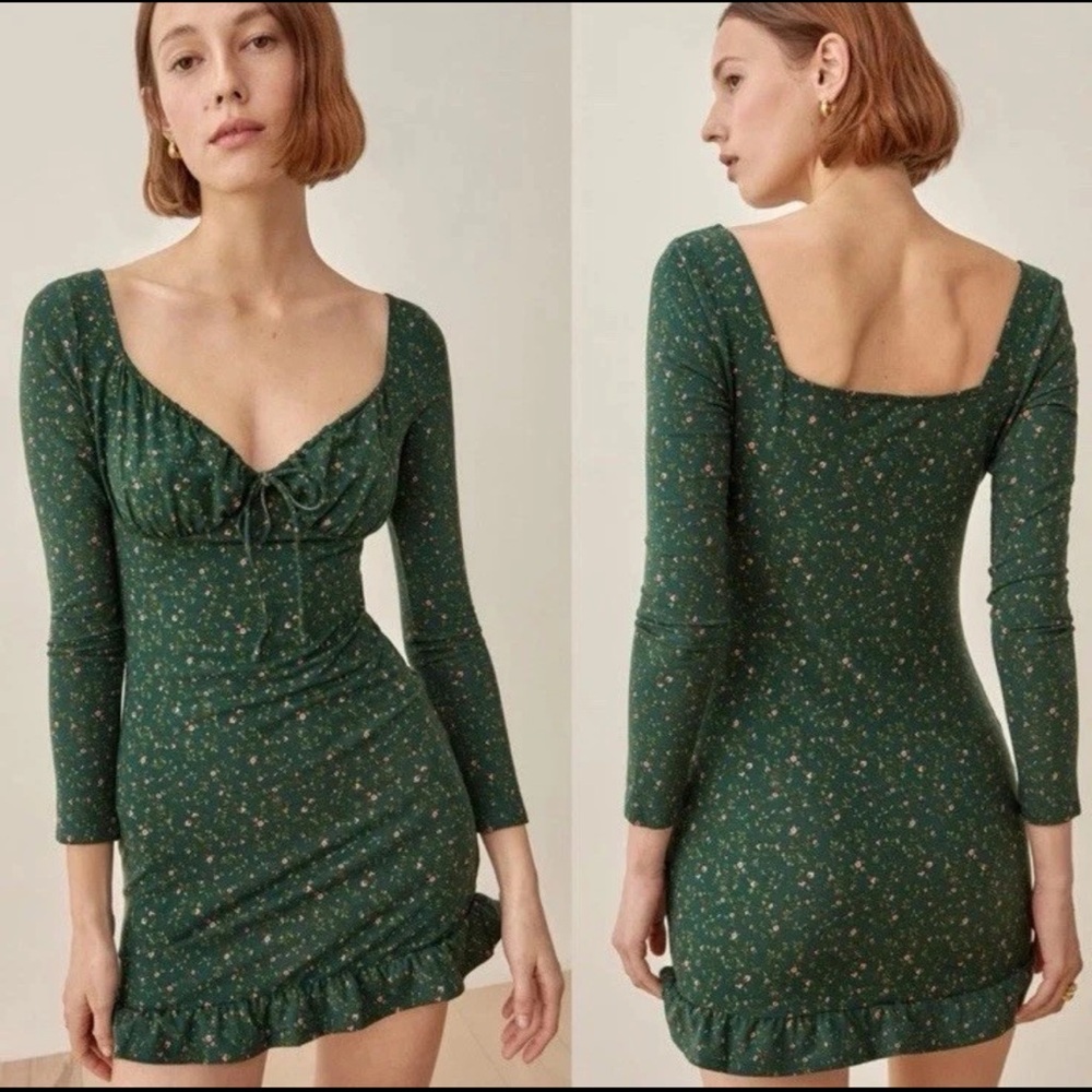 NWT Reformation Anjeline Knit Mini Dress Green Floral “Coriander” Sz S Feminine